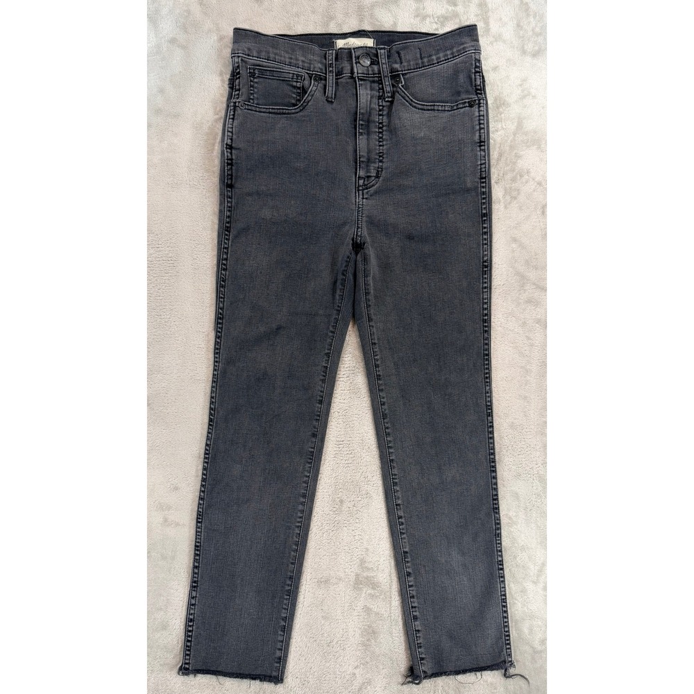 Madewell Women Stovepipe High Rise Jeans Raw Hem Distressed Black Gray 25